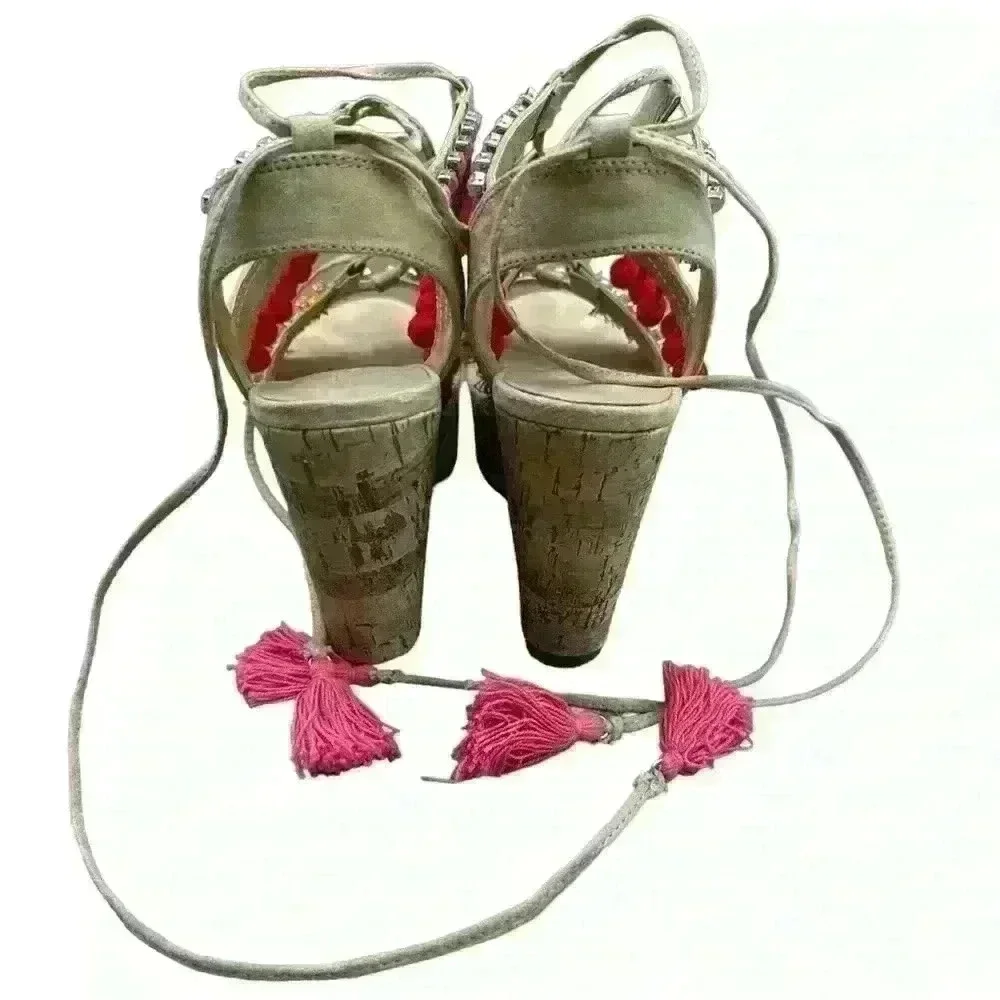Charlotte Russe embellished Pom Pom WEDGE HEEL LACE UP SANDAL 8